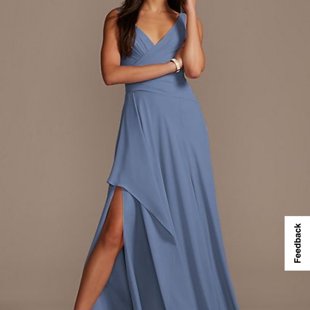 David's Bridal Tank Georgette Cascade Bridesmaid Dress with Slit; steel blue